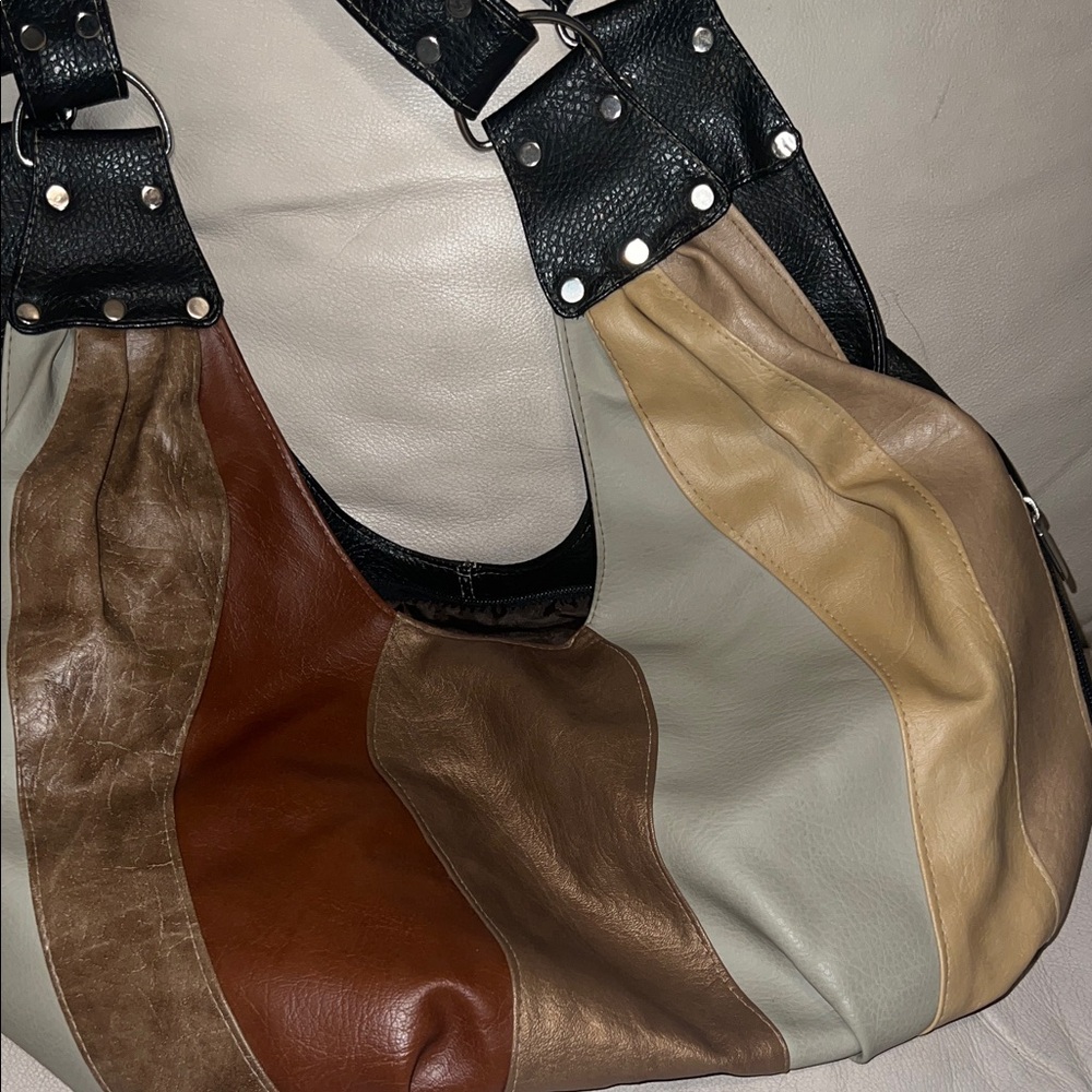 Multi-Panel Leather Shoulder Bag in Brown, Tan, Cream and Black